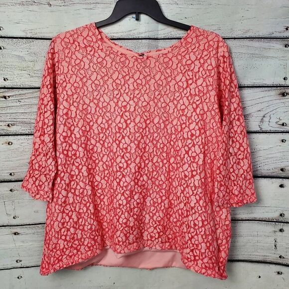 CJ Banks 3x Pink Lace Floral Blouse Keyhole Back - Picture 1 of 9